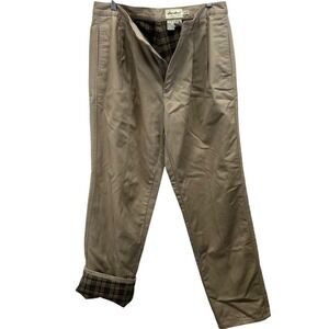 Eddie Bauer Mens 35x32 Khaki Pleated Cotton Green Flannel Lined Dress Pants Tan